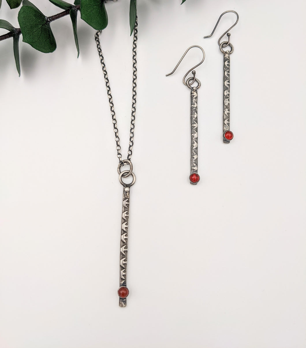 Hand Forged Sterling and Carnelian Necklace and Earring Set